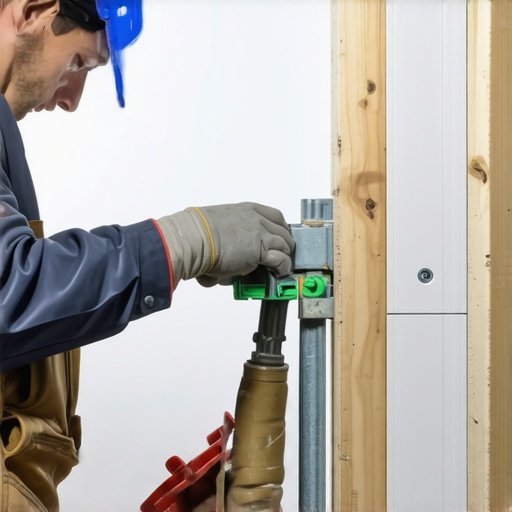 Close-up of plumbing pipes being moved through wall framing during renovation