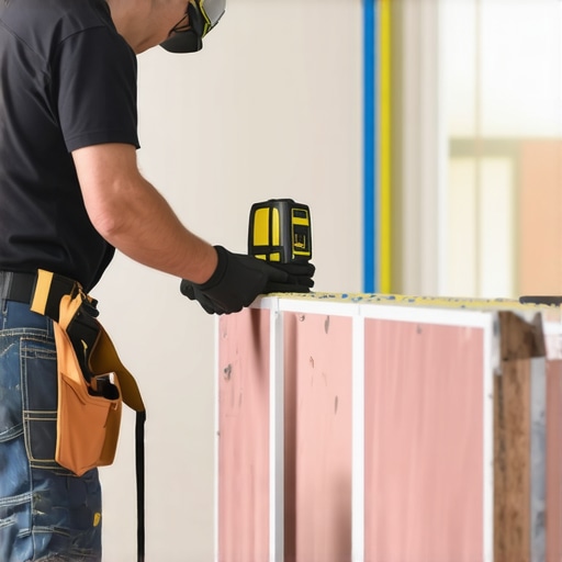 Precision Drywall Alignment with Laser Level Contractor aligning drywall using a laser level for perfect edges.