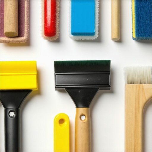 A detailed shot of drywall finishing tools including sanding blocks, mud knives, and screws neatly arranged on a work table.