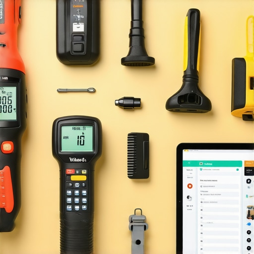 Professional Remodeling Tools and Digital Planning A collection of drywall finishing tools, moisture detection devices, and a tablet displaying project management software.