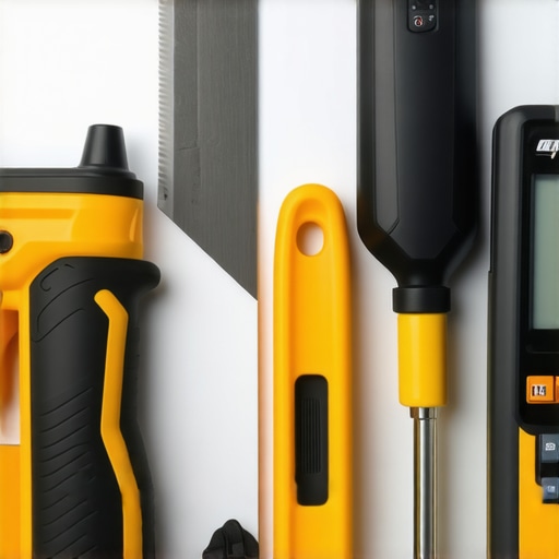A collection of high-quality drywall and measurement tools used by a contractor