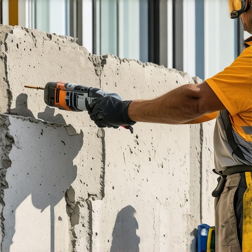 Proper Drill Technique for Anchors Worker drilling into concrete wall with masonry drill and safety equipment