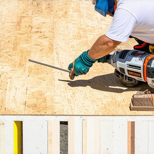 Worker installing plywood subfloor with power drill