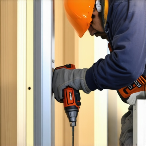 Worker using a drill to install trim on metal studs with specialized screws
