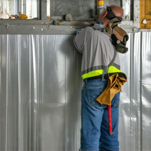 Close-up of a person sealing vapor barrier seams on basement wall