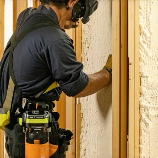 A worker sealing insulation in a wall cavity with a staple gun and safety precautions.