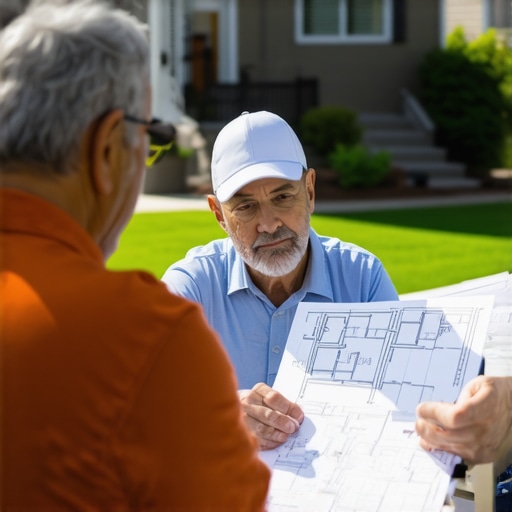 Homeowner discussing property lines and permits with city planner outside.