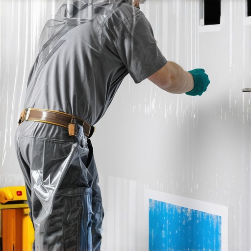 Person sealing off drywall repair area with plastic and painter's tape