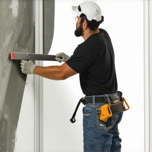 Drywall finisher smoothing joint with a wide knife and dust extraction system