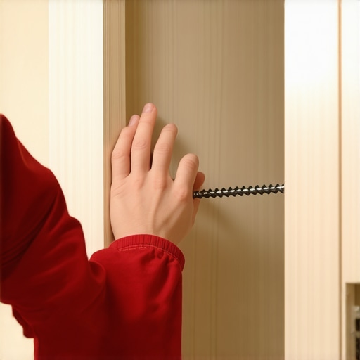 Hand tightening drywall screw into drywall with wall anchor for cabinet mounting.