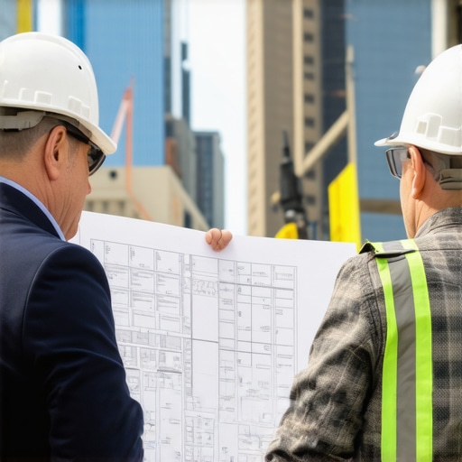 Construction permit plans and city official reviewing documents