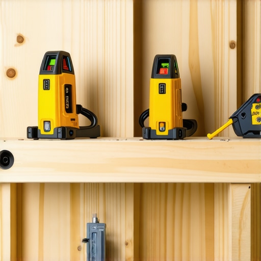 A stud finder and laser level placed on a workbench ready for drywall reinforcement tasks.