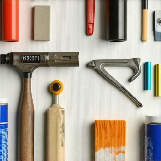Tools for Effective Drywall Maintenance A set of drywall repair tools including sanding sponges, knives, and primer cans arranged neatly on a workbench