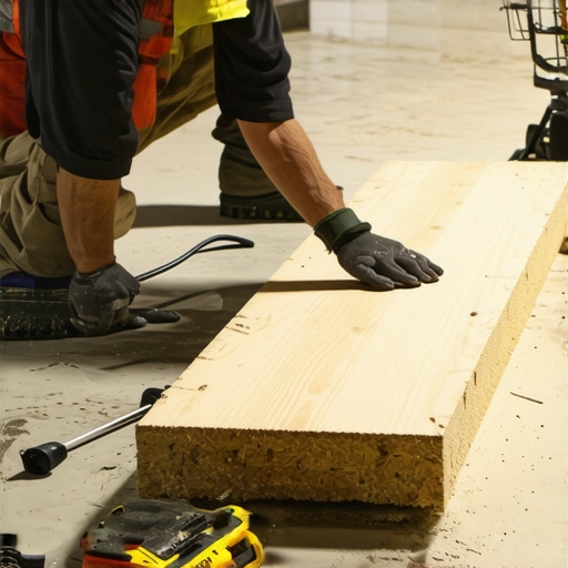Close-up of zigzag adhesive bead on a 2x4 board for basement framing without drilling.