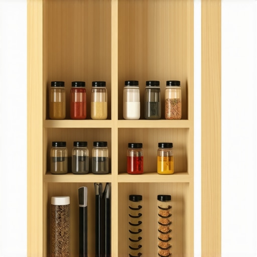 A cutaway view of a shallow pantry installed between wall studs in a kitchen remodel.