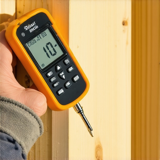 Measuring Wood Moisture Content Before Drywall A contractor using a moisture meter on framing lumber to prevent drywall cracks.