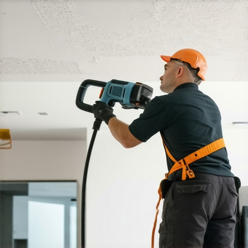 A contractor using a professional dustless sander to finish a drywall ceiling.