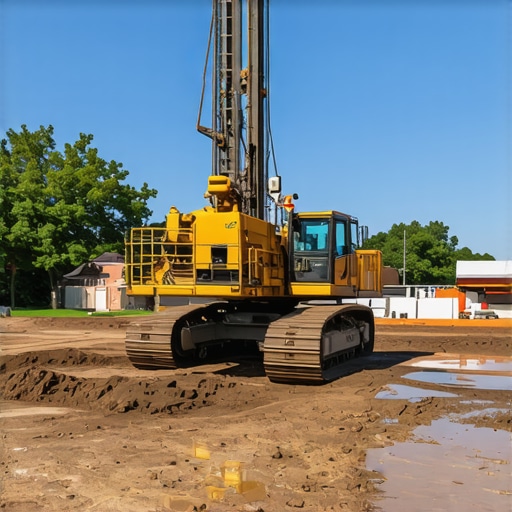 Professional Borehole Soil Testing on Construction Site Engineering rig performing a soil test to determine load-bearing capacity for a new home foundation.