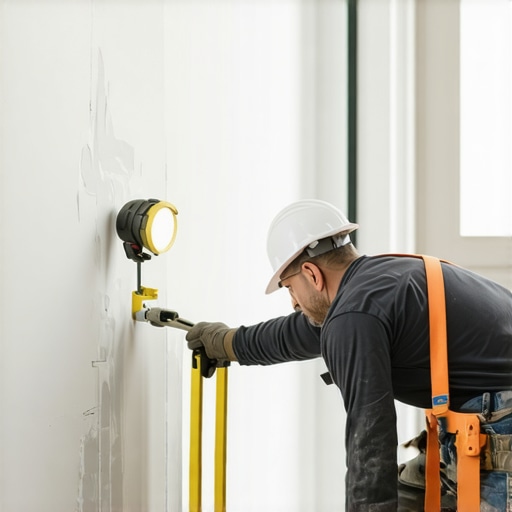 Contractor checking drywall seams for perfection using a level and bright light.