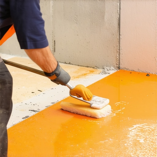 Contractor applying liquid waterproofing membrane to a shower curb to prevent subfloor leaks.