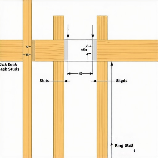 Structural Header Framing Diagram Diagram of king studs and jack studs supporting a structural wood header in a home remodel.